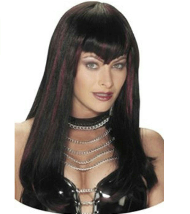 Black and Burgundy Hot Streak Sexy Vampire Dominatrix Long Sleek Wig with Bangs by HalloweenStore.com