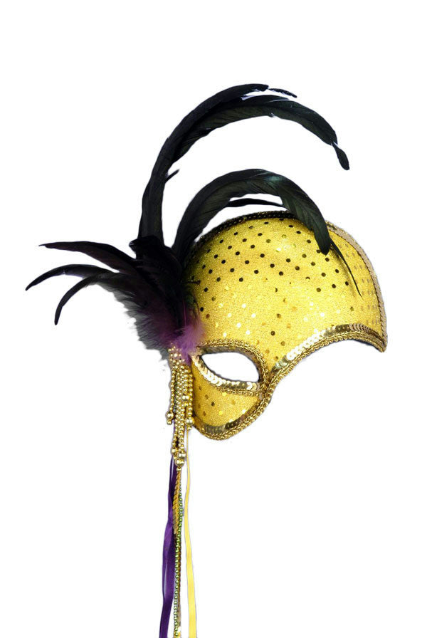 Gold Sequin Mystique Venetian Masquerade Mardi Gras Mask with Feathers by HalloweenStore.com