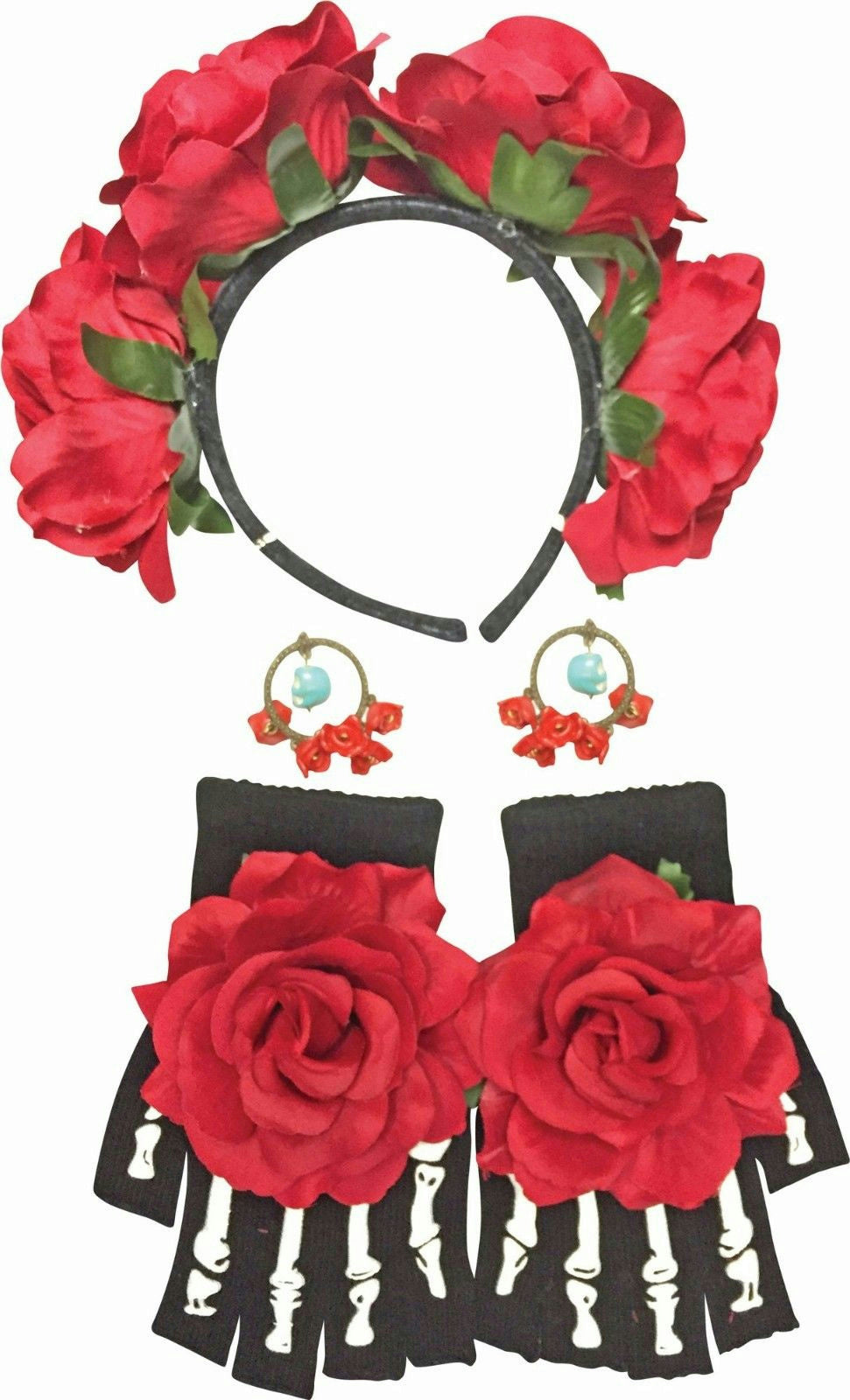 Day of The Dead Female Kit Costume Accessory Floral Headband Gloves Earrings by HalloweenStore.com