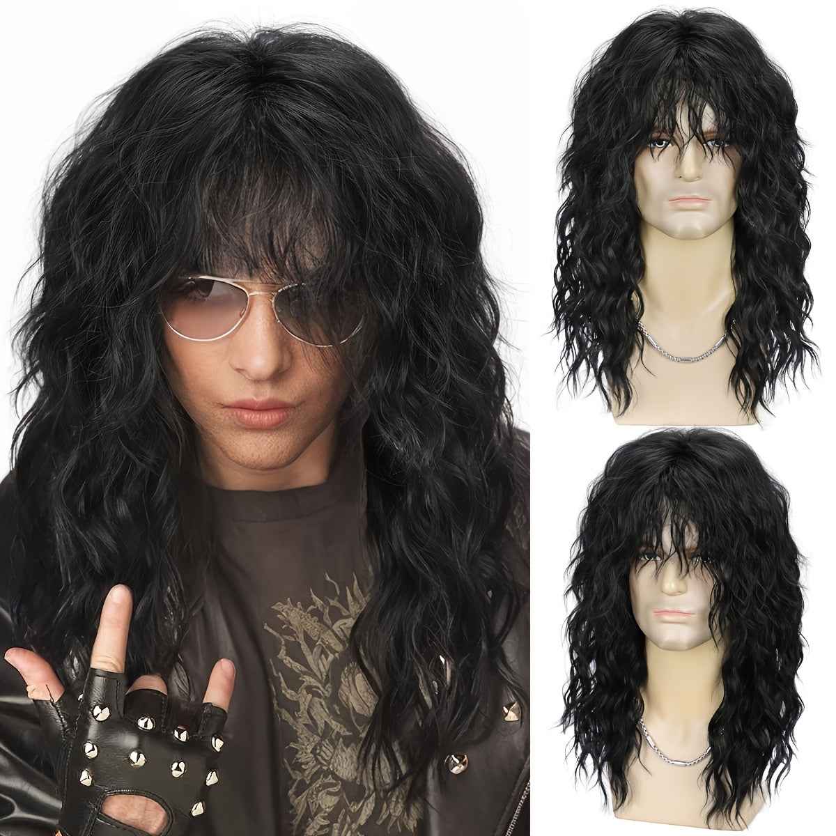 1pc Men's 70s 80s Rock Punk Wig with Long Heat Resistant Curly Hair, Breathable Net Cap for Theme Parties, Music Festivals, Halloween & Cosplay (Black, Vintage Rockstar Costume Synthetic Hair)