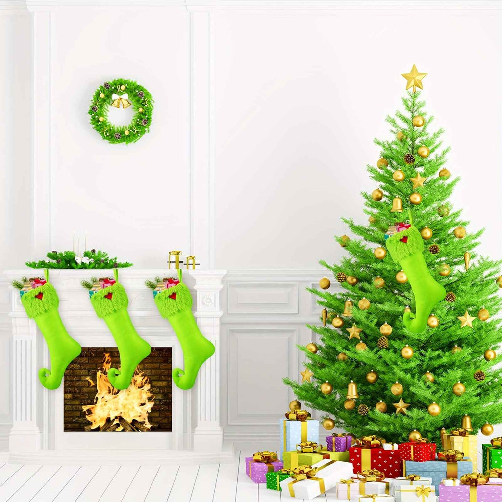 Vibrant Neon Green Extra Long Christmas Stockings - 19 Inch Holiday Decor with Ring Hanging Decorations