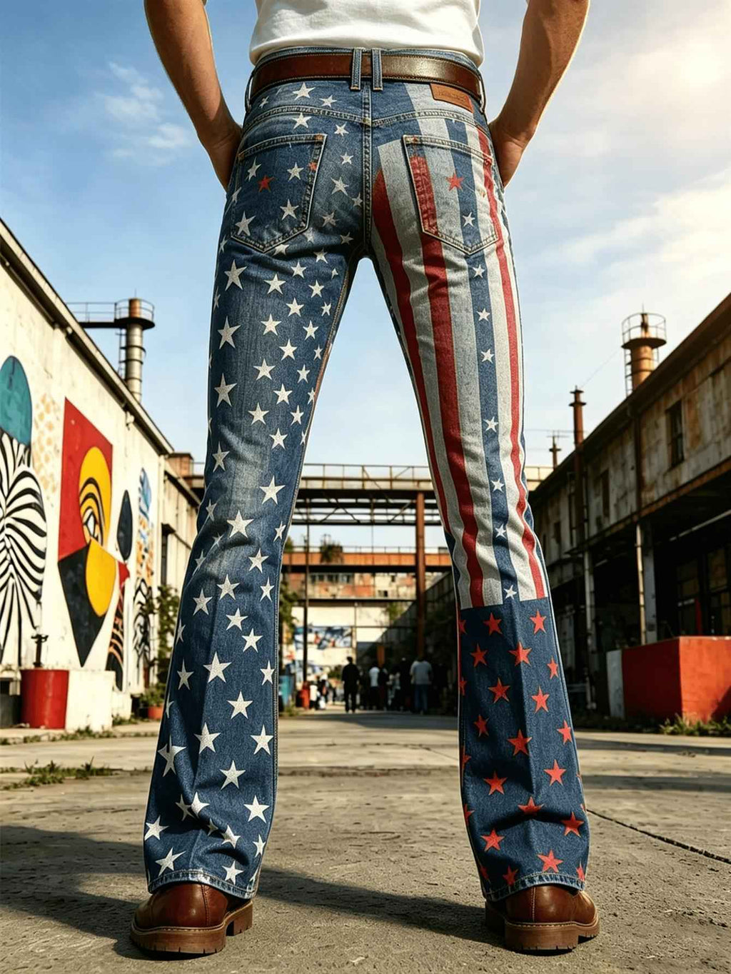 Men's American Flag Bell Bottom Jeans - High Waist Retro Denim Pants with Star-Spangled Print, Independence Day Edition Suitable for Daily Wear, Parties, 4th of Events & Gift (Runs Slightly Large)