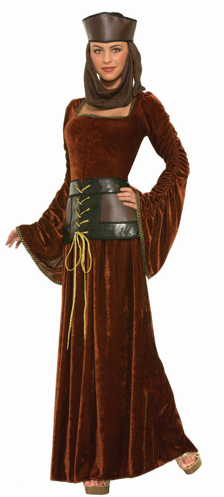 Medieval Lady Brown Velvet Adult Costume Dress Corset Belt Bell Sleeves by HalloweenStore.com