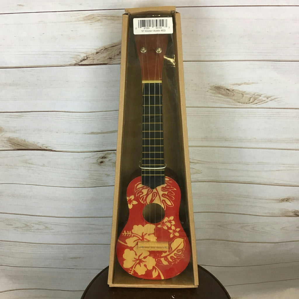 18" Wooden Ukulele Red Floral Hawaiian Print Tropical Party Accessory by HalloweenStore.com