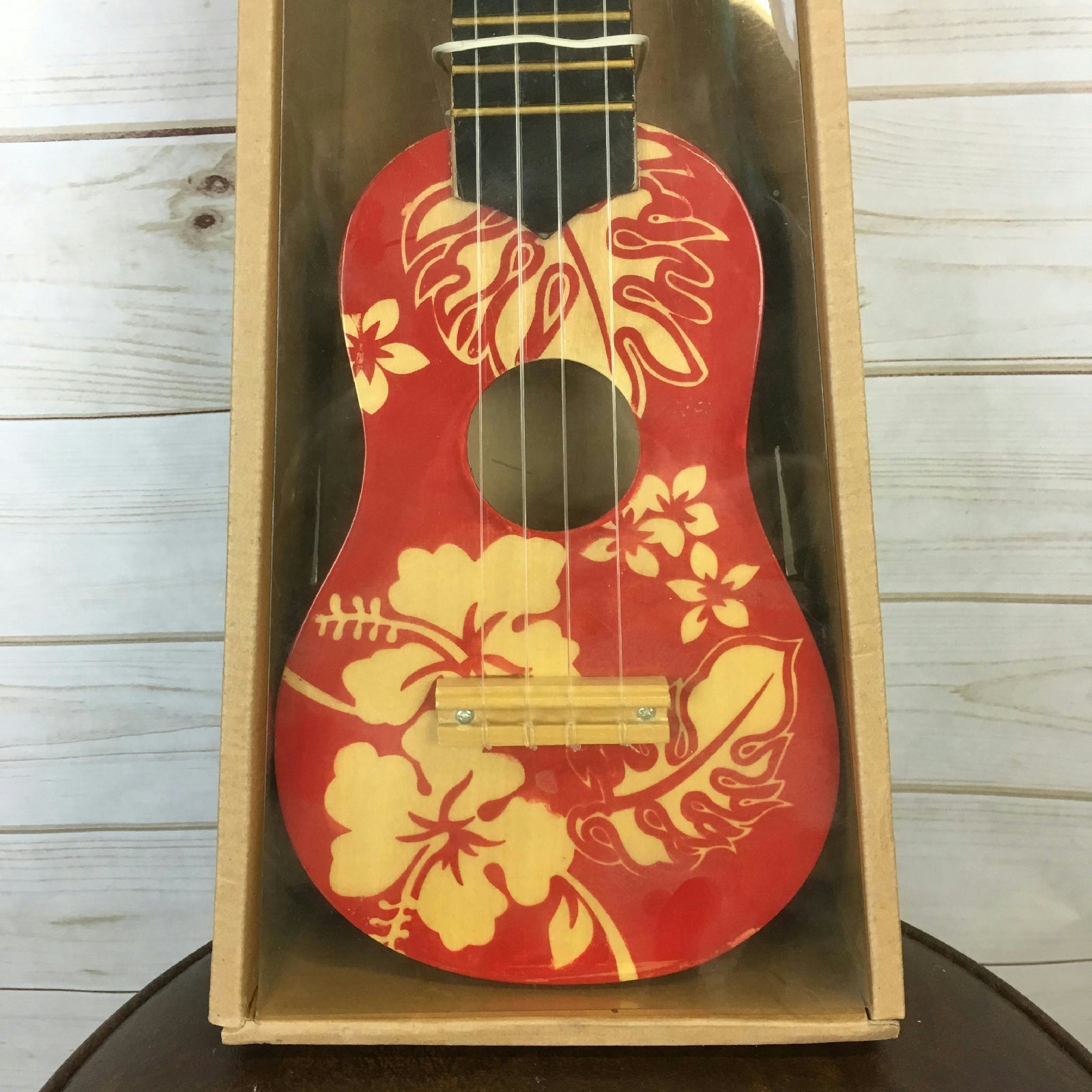 18" Wooden Ukulele Red Floral Hawaiian Print Tropical Party Accessory by HalloweenStore.com