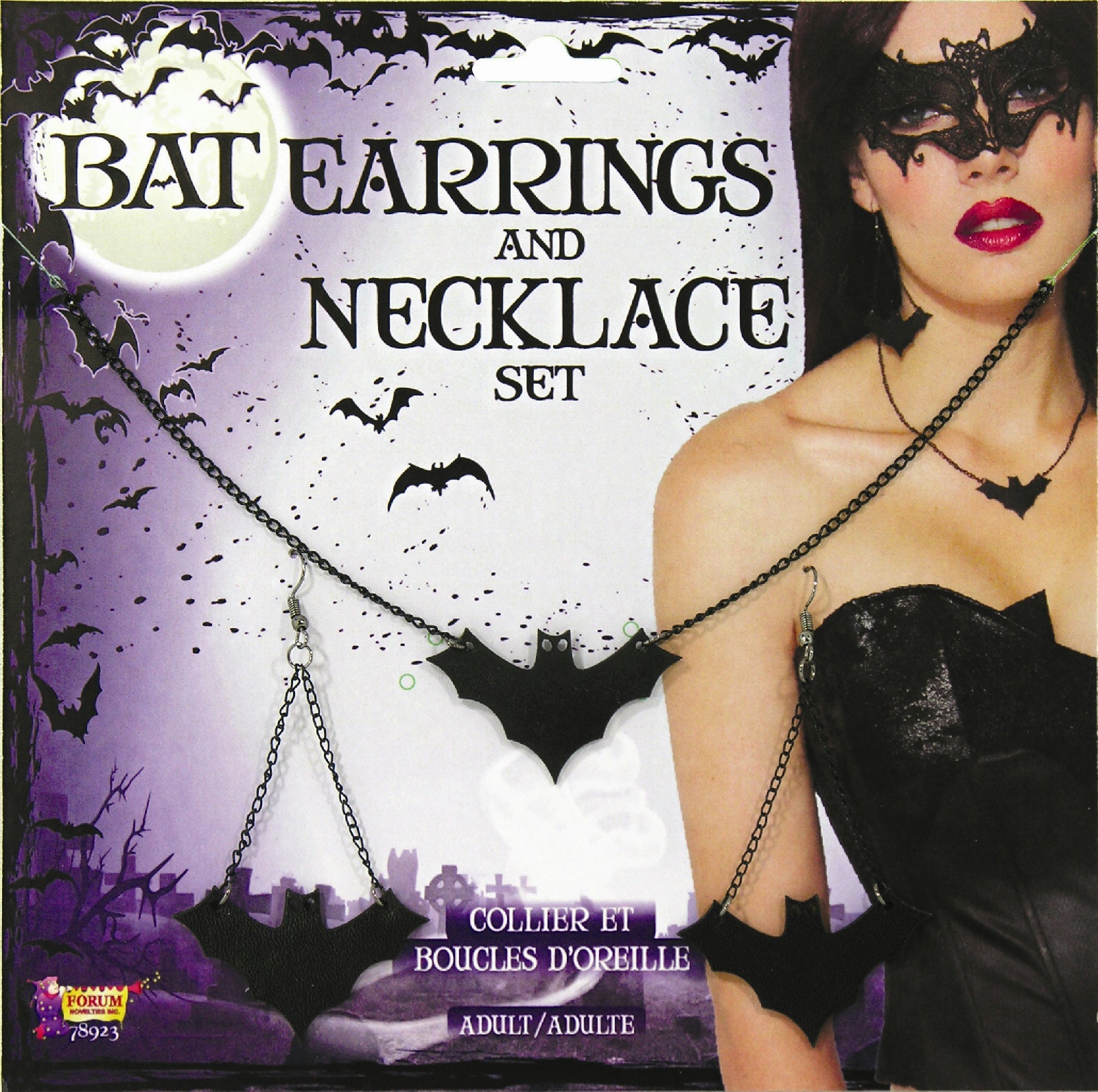 Black Bat Dangle Earrings and Necklace Costume Jewelry Set by HalloweenStore.com