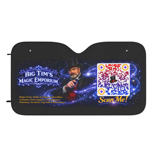Car Sun Shade — 'Big Tim's Magic Emporium' Design with Scan Me QR Code by Printify