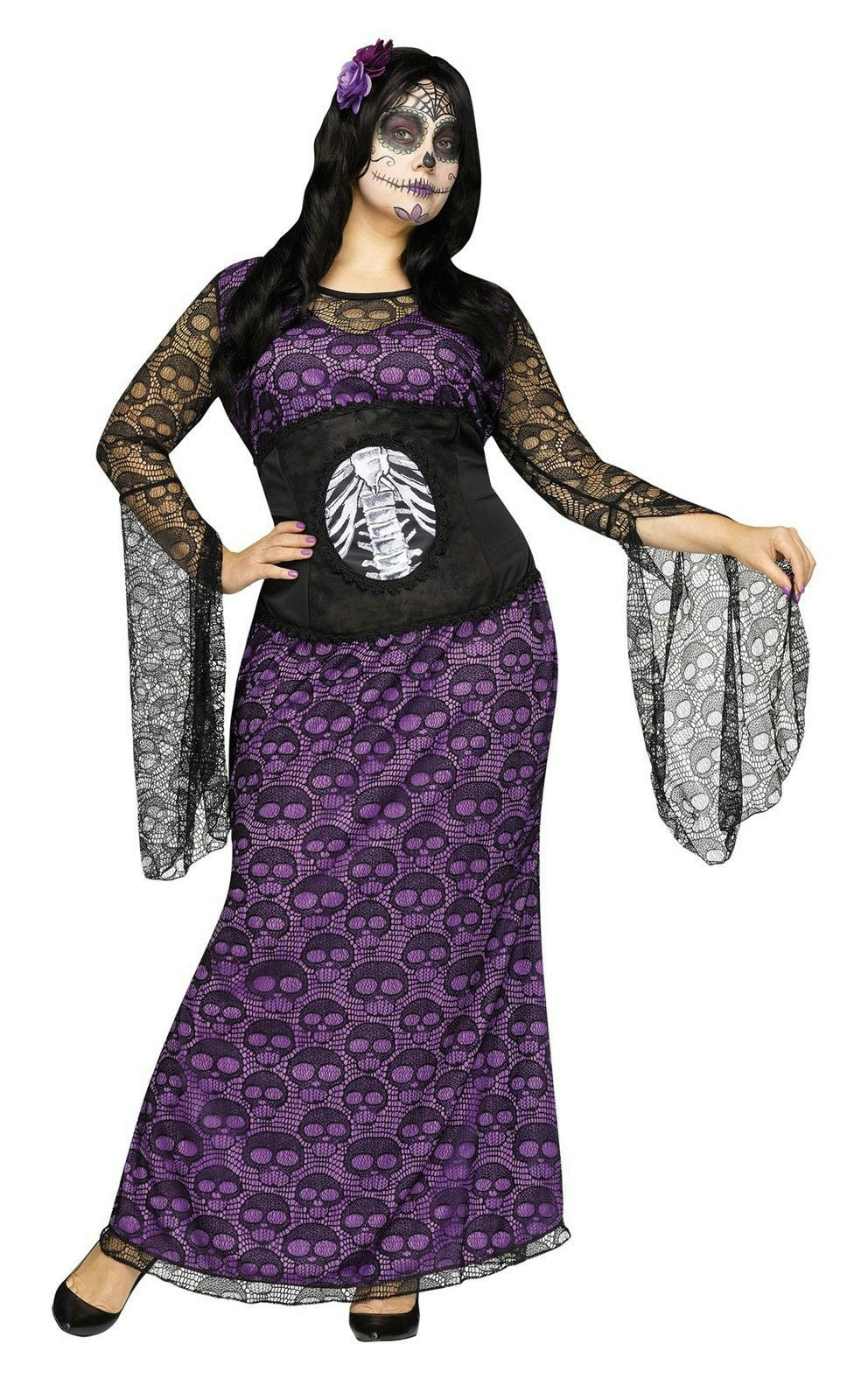 La Muerte Day of Dead Purple Black Sheer Skull Waist Cinch Dress 1X 16-20 by HalloweenStore.com