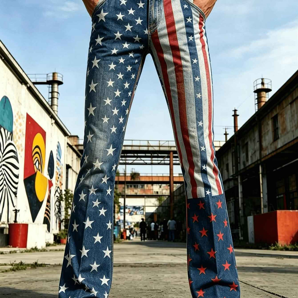 Men's American Flag Bell Bottom Jeans - High Waist Retro Denim Pants with Star-Spangled Print, Independence Day Edition Suitable for Daily Wear, Parties, 4th of Events & Gift (Runs Slightly Large)