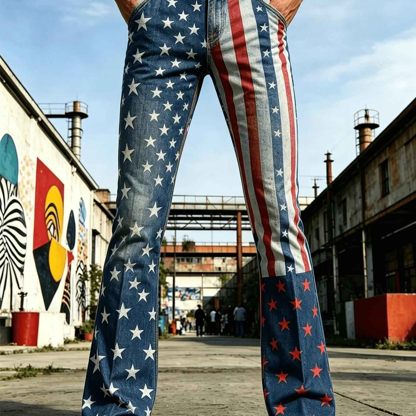 Men's American Flag Bell Bottom Jeans - High Waist Retro Denim Pants with Star-Spangled Print, Independence Day Edition Suitable for Daily Wear, Parties, 4th of Events & Gift (Runs Slightly Large)