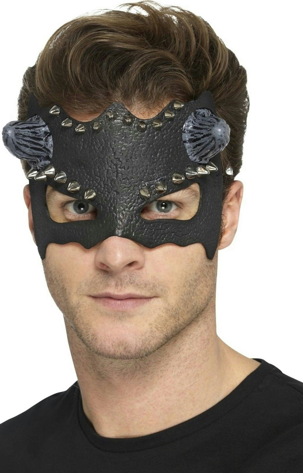 Smiffy's Black Devil Studded Eye Mask with Horns Adult Size Costume Face Mask by HalloweenStore.com