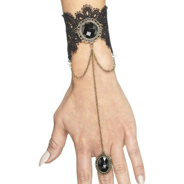 Gothic Bracelet with Attached Ring Black and Gold Costume Jewelry by HalloweenStore.com