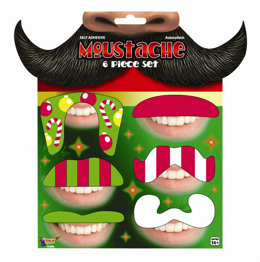 Festive Christmas Mustaches Tattoo Set 6pcs Holiday Party Fun Pack by HalloweenStore.com