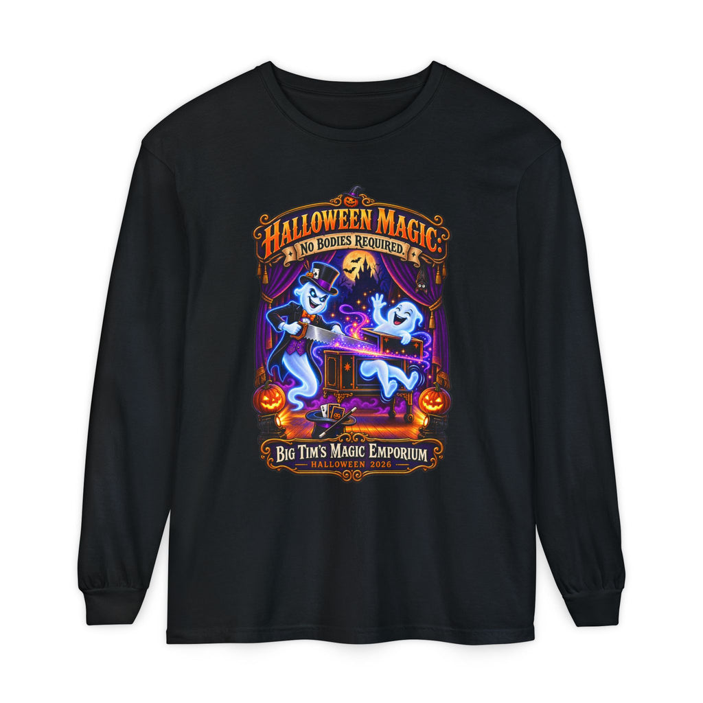 Halloween Magic Long Sleeve Tee — "No Bodies Required" Ghosts Design by Printify