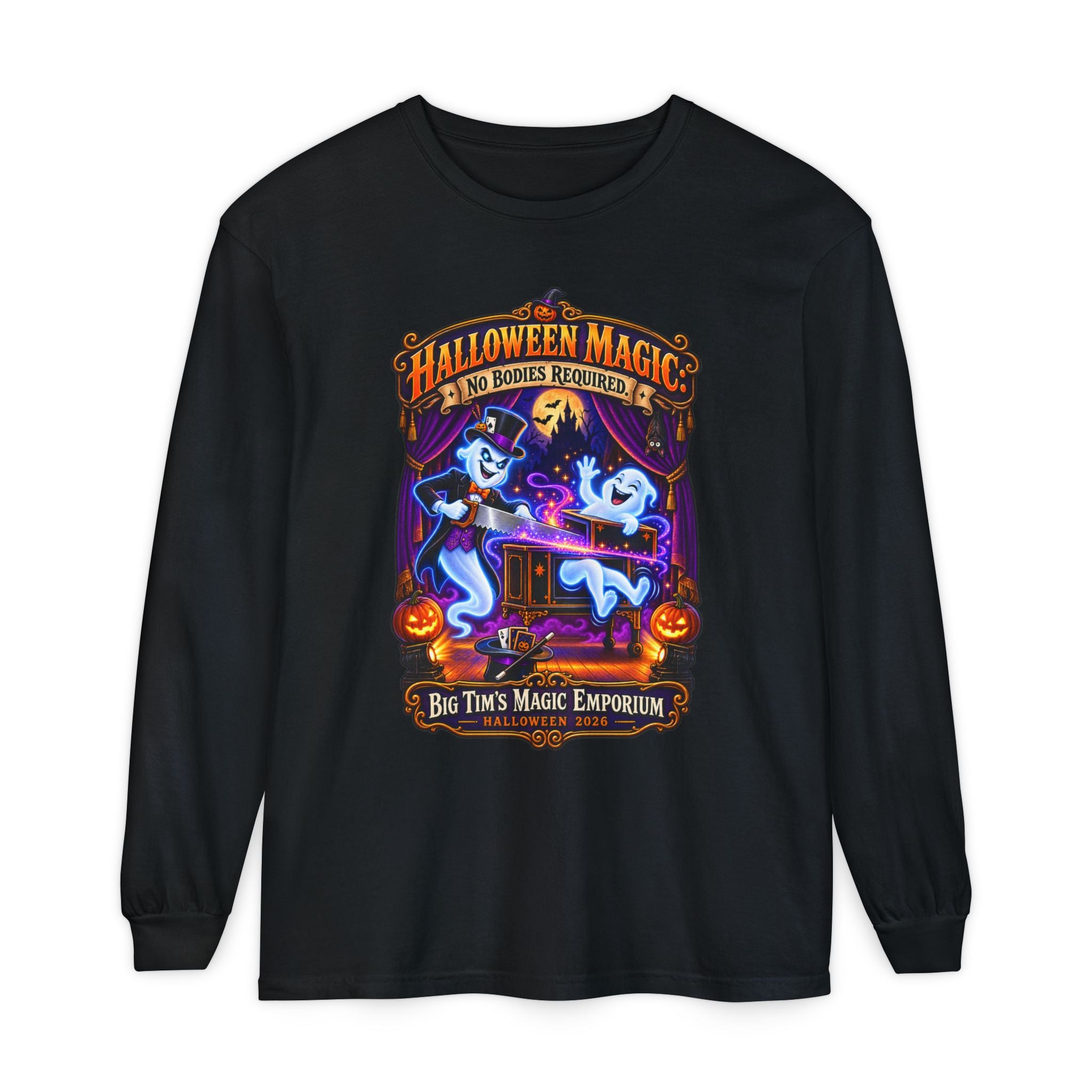 Halloween Magic Long Sleeve Tee — "No Bodies Required" Ghosts Design by Printify