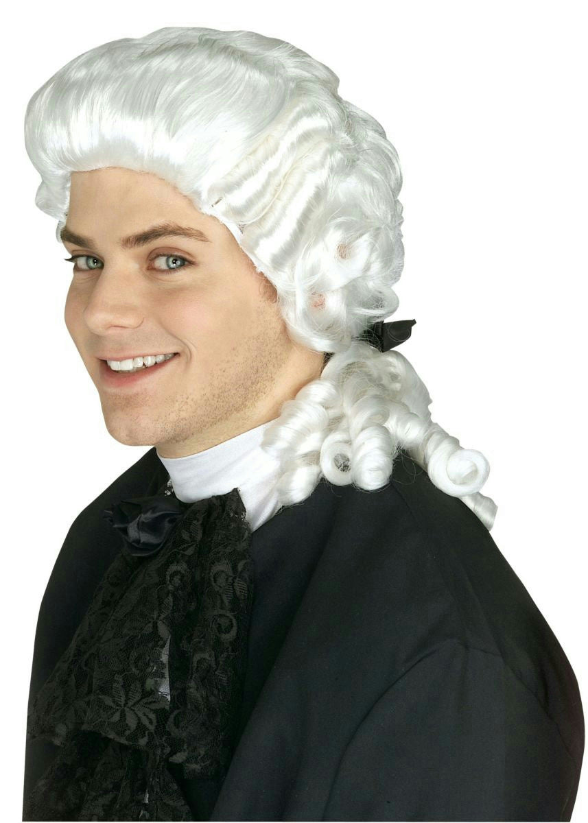 White 18th Century Colonial Peruke Curly Wig with Ponytail by HalloweenStore.com