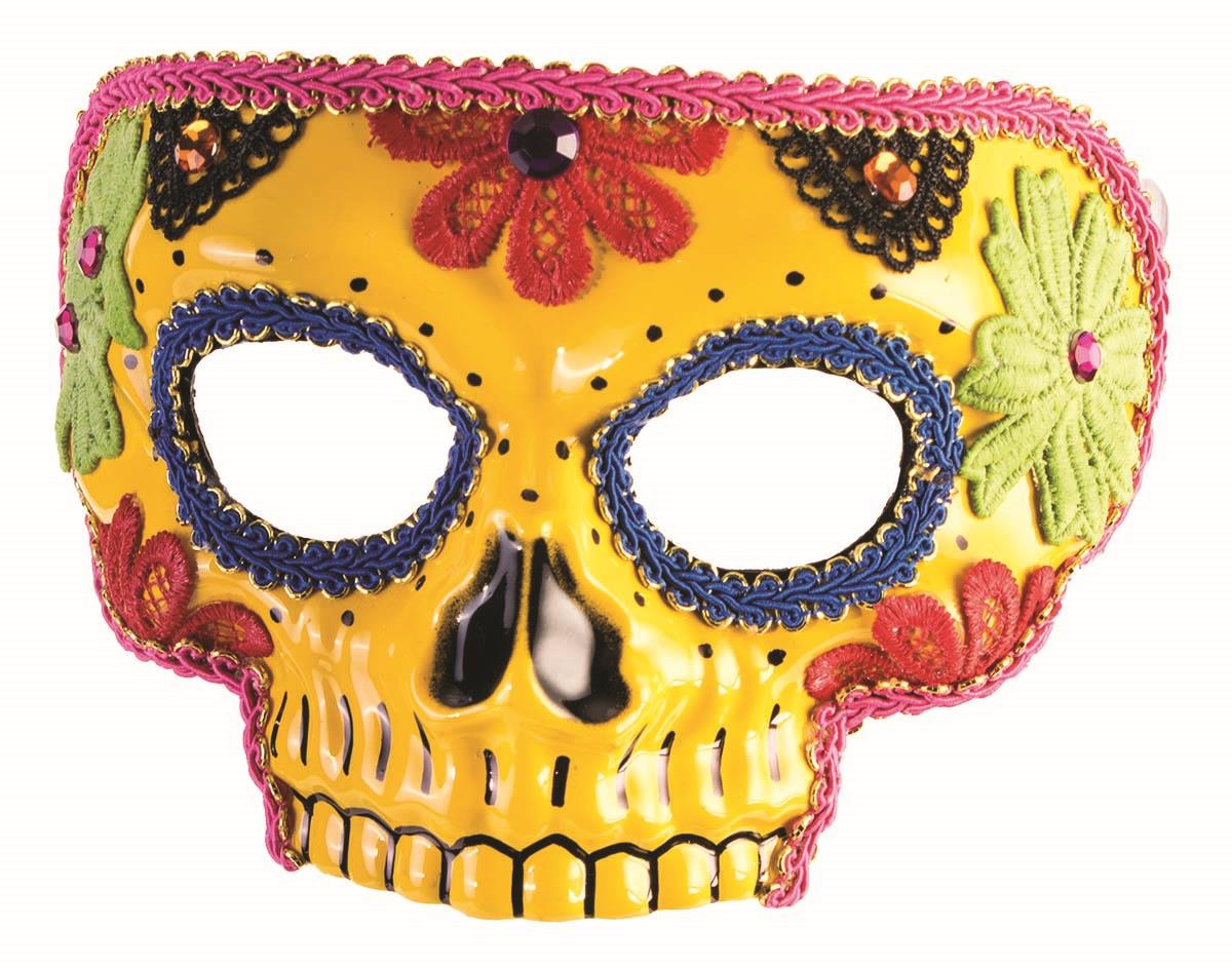 Day Of The Dead Yellow Half Skull with Flowers Adult Venetian Mask by HalloweenStore.com