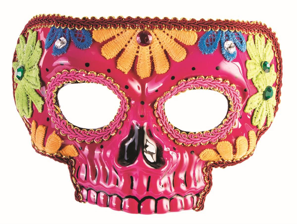 Day Of The Dead Pink Half Skull with Flowers Adult Venetian Mask by HalloweenStore.com