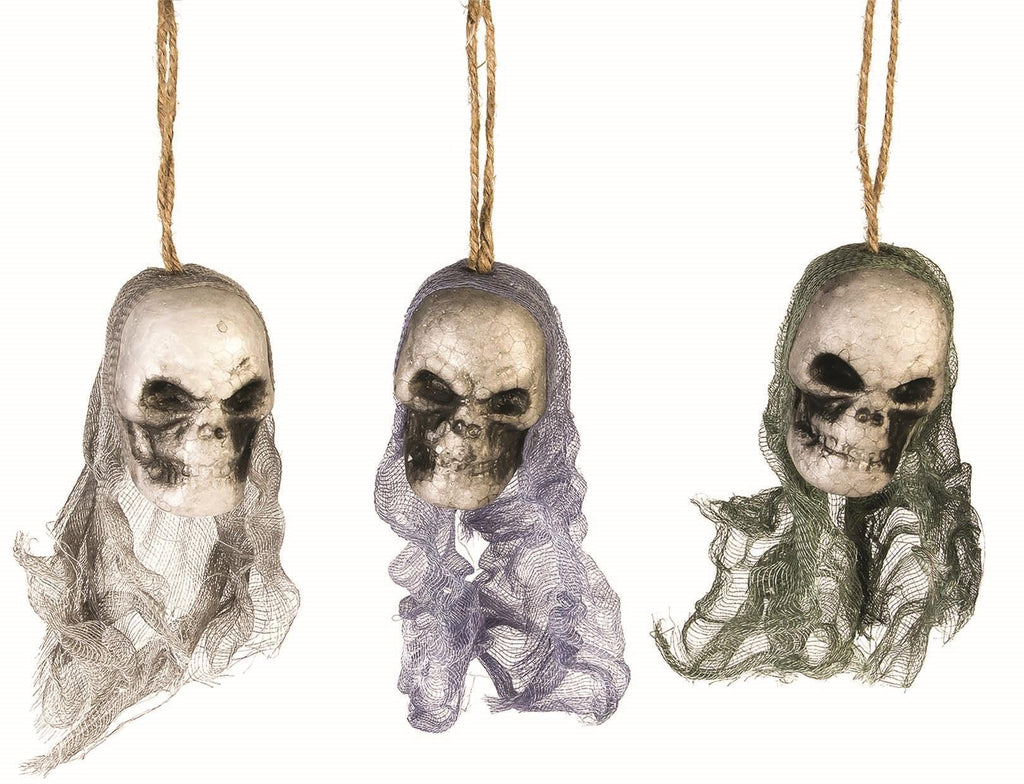 3 Bloody Hanging Skulls with Mesh Netting Hoods by HalloweenStore.com