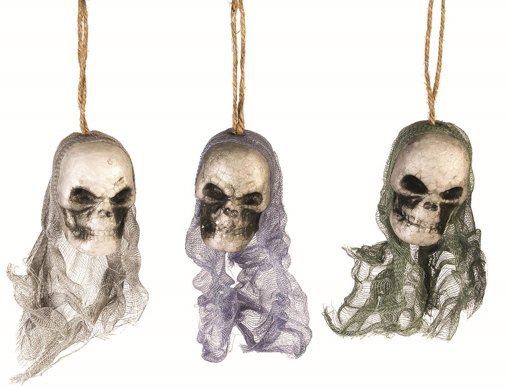 3 Bloody Hanging Skulls with Mesh Netting Hoods by HalloweenStore.com