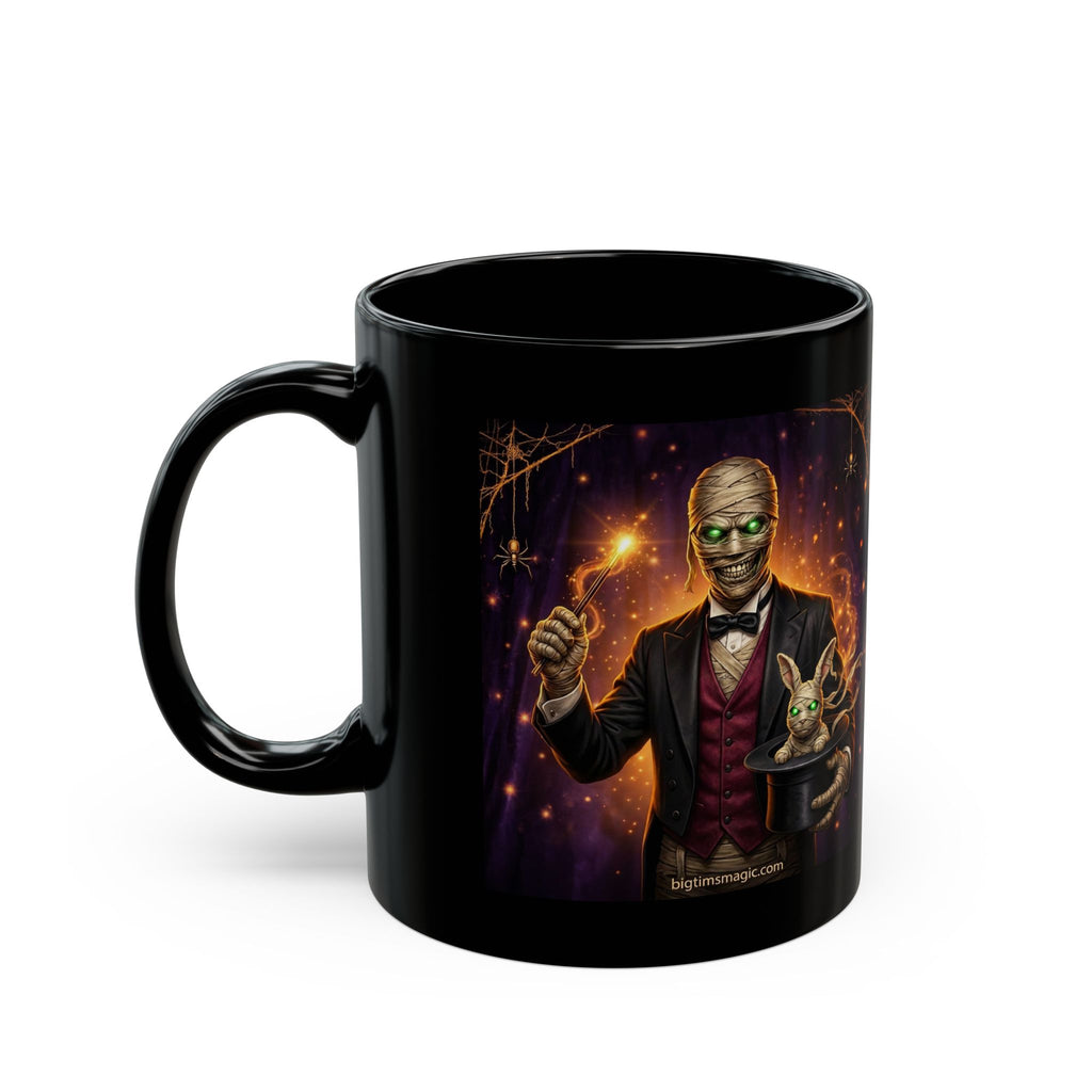 Skeleton Magician Black Mug — Halloween Skull & Rabbit Magic Coffee Cup by Printify