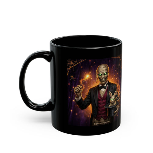 Skeleton Magician Black Mug — Halloween Skull & Rabbit Magic Coffee Cup by Printify