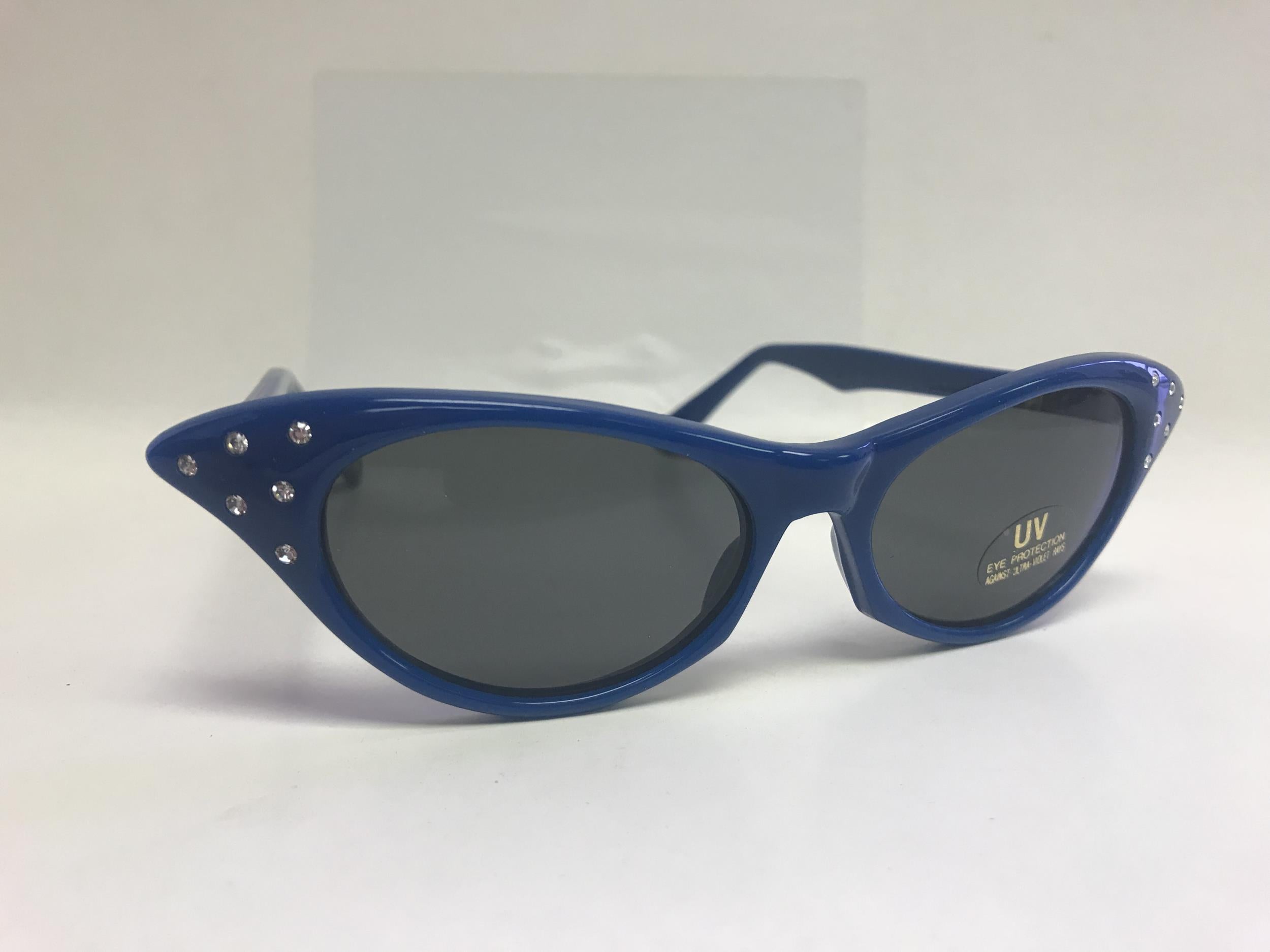 Blue 1950's Cateye Cat Eye Glasses with Rhinestones Dark Lens Sunglasses by HalloweenStore.com