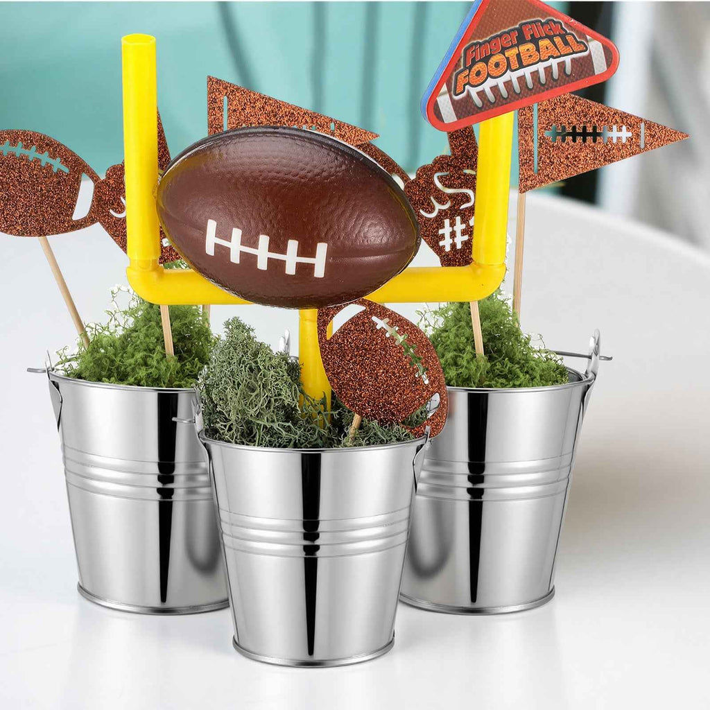 6 Set Football Party Table Decorations Kit | Includes 6 Buckets, 6 Mini Footballs, 12 Goal Posts, 12 Touch Down Flags | Centerpiece For Birthday, Sports Themed Party, Desk Supplies, Rugby Favors