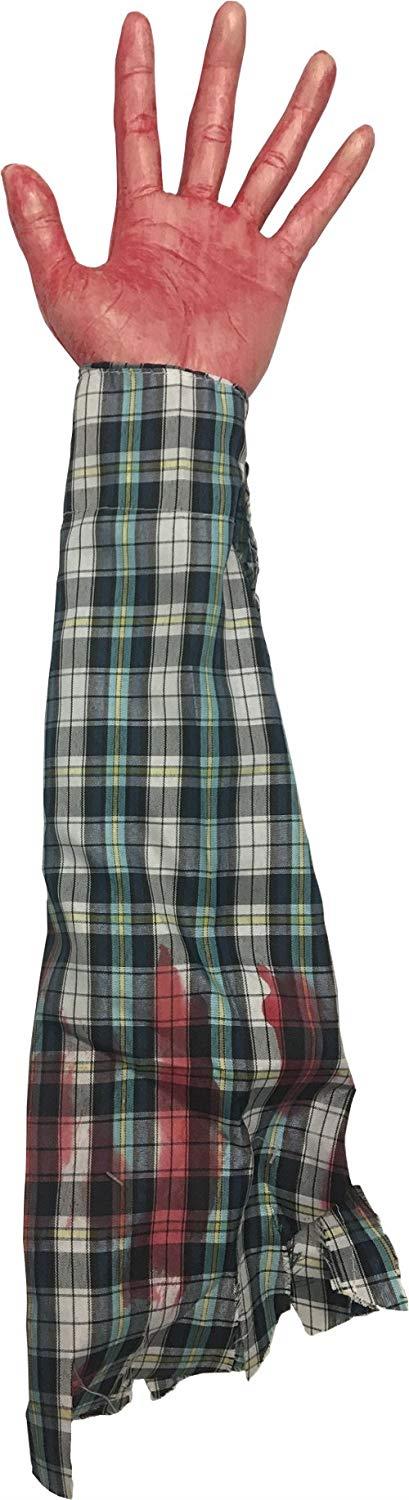 Bloody Hand and Arm with Plaid Shirt Hang out of Trunk Halloween Gag Prop by HalloweenStore.com