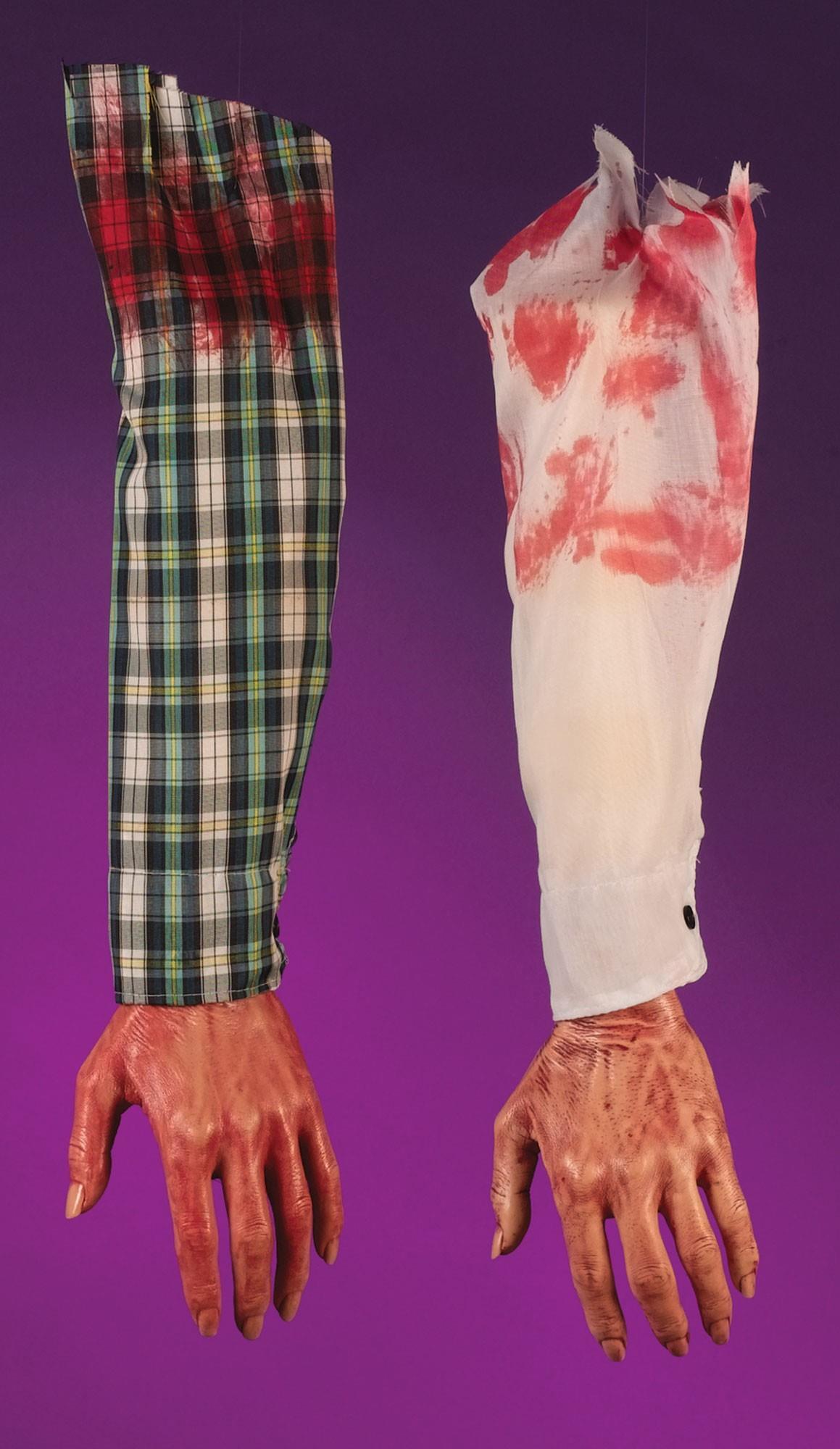 Bloody Hand and Arm with Plaid Shirt Hang out of Trunk Halloween Gag Prop by HalloweenStore.com