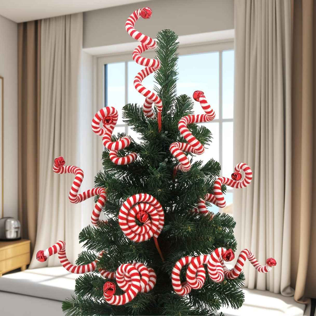 Handmade Red & White Yarn Branches with Bells - Perfect for Christmas Tree Decorations, Parties & Home Decor (Pack of 6)