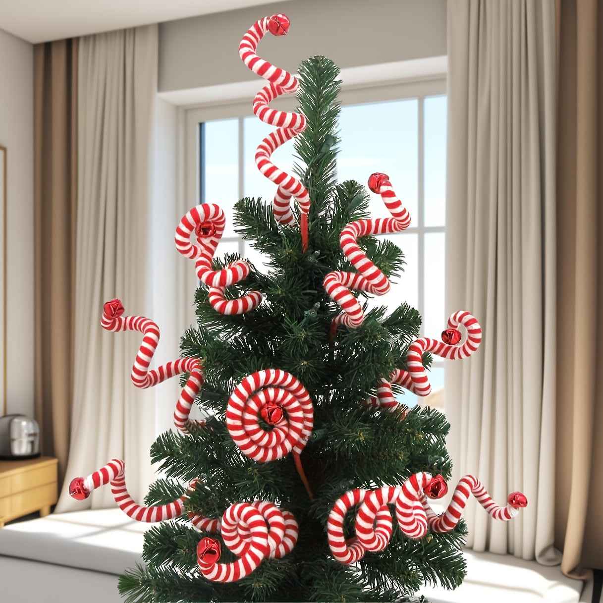 Handmade Red & White Yarn Branches with Bells - Perfect for Christmas Tree Decorations, Parties & Home Decor (Pack of 6)