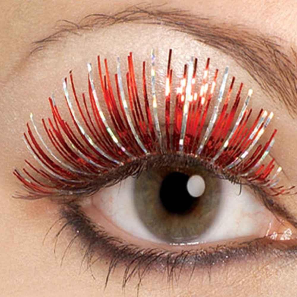 Red and Silver Hologram Fake False Eyelashes and Adhesive set by HalloweenStore.com