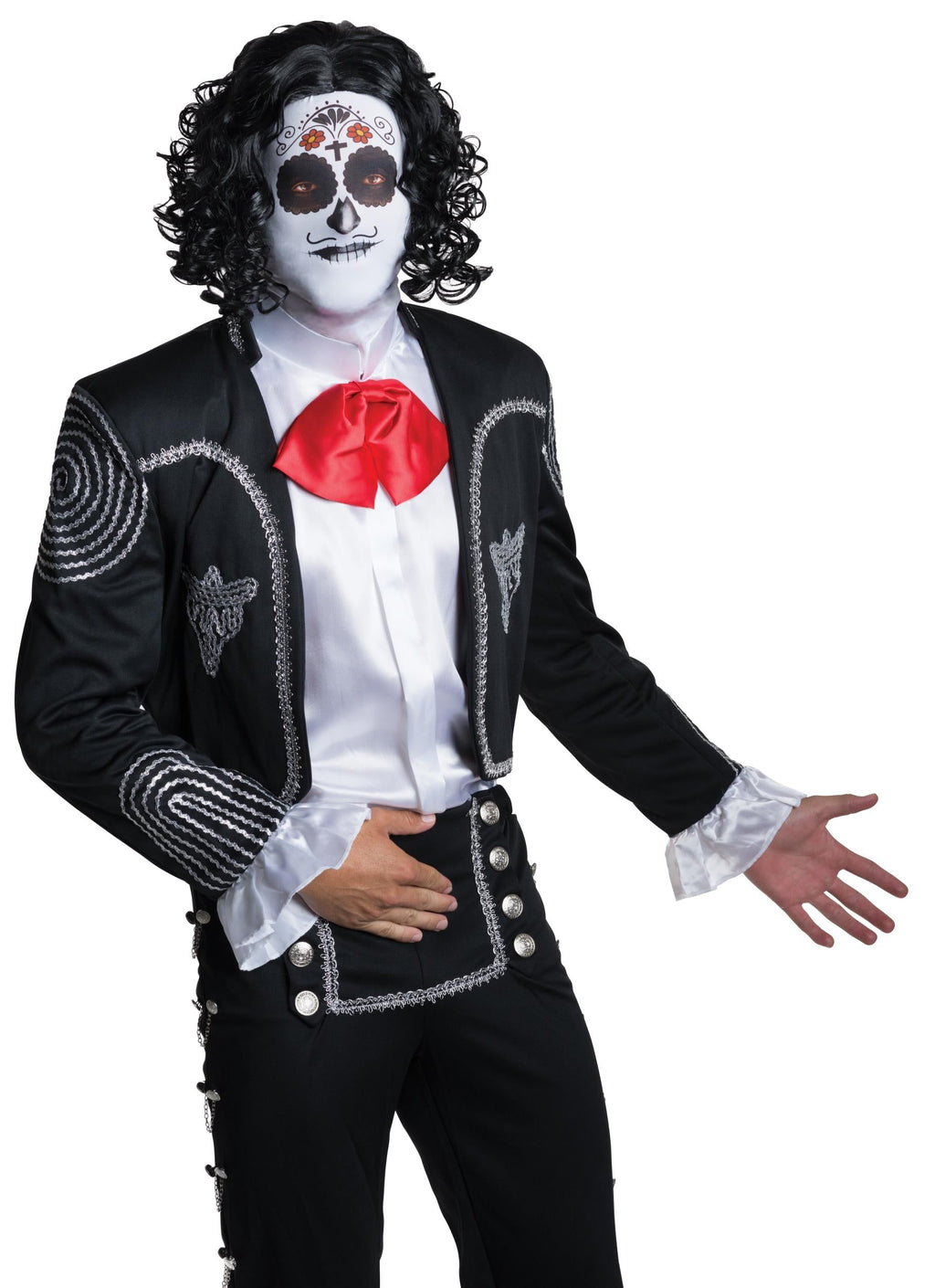 Adult Fabric Men's Day Of The Dead Male Mask with Attached Black Curly Wig by HalloweenStore.com