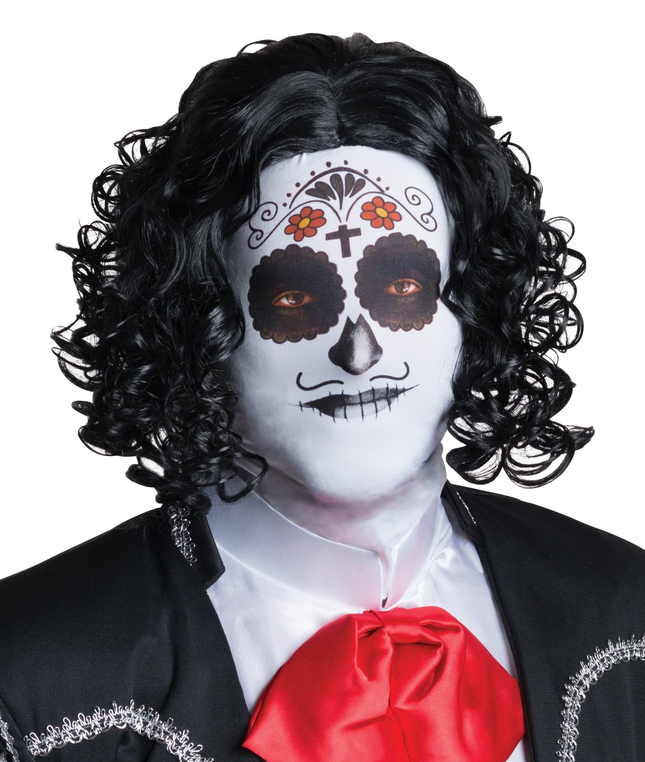 Adult Fabric Men's Day Of The Dead Male Mask with Attached Black Curly Wig by HalloweenStore.com