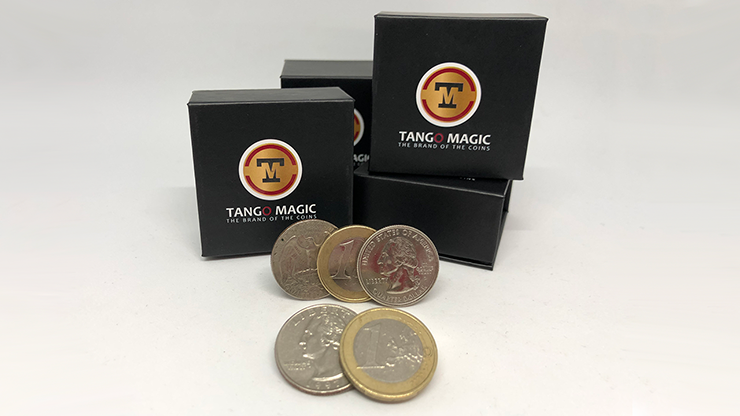 Euro-Dollar Hopping Half (1 Euro and Quarter Dollar) by Tango Magic (ED004) by Murphy's Magic Supplies, Inc.