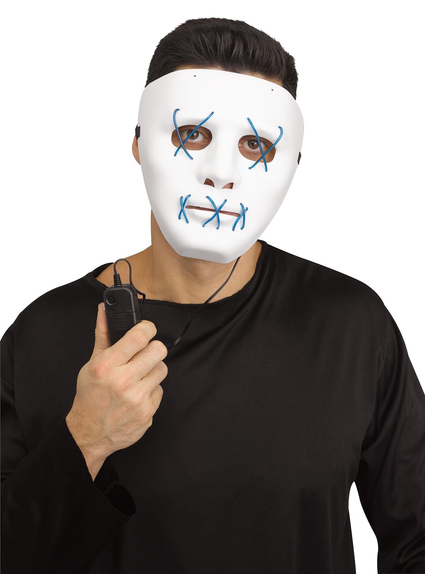 Scary Glowing Light up Purge Mask White Face with Glowing Blue Wire by HalloweenStore.com