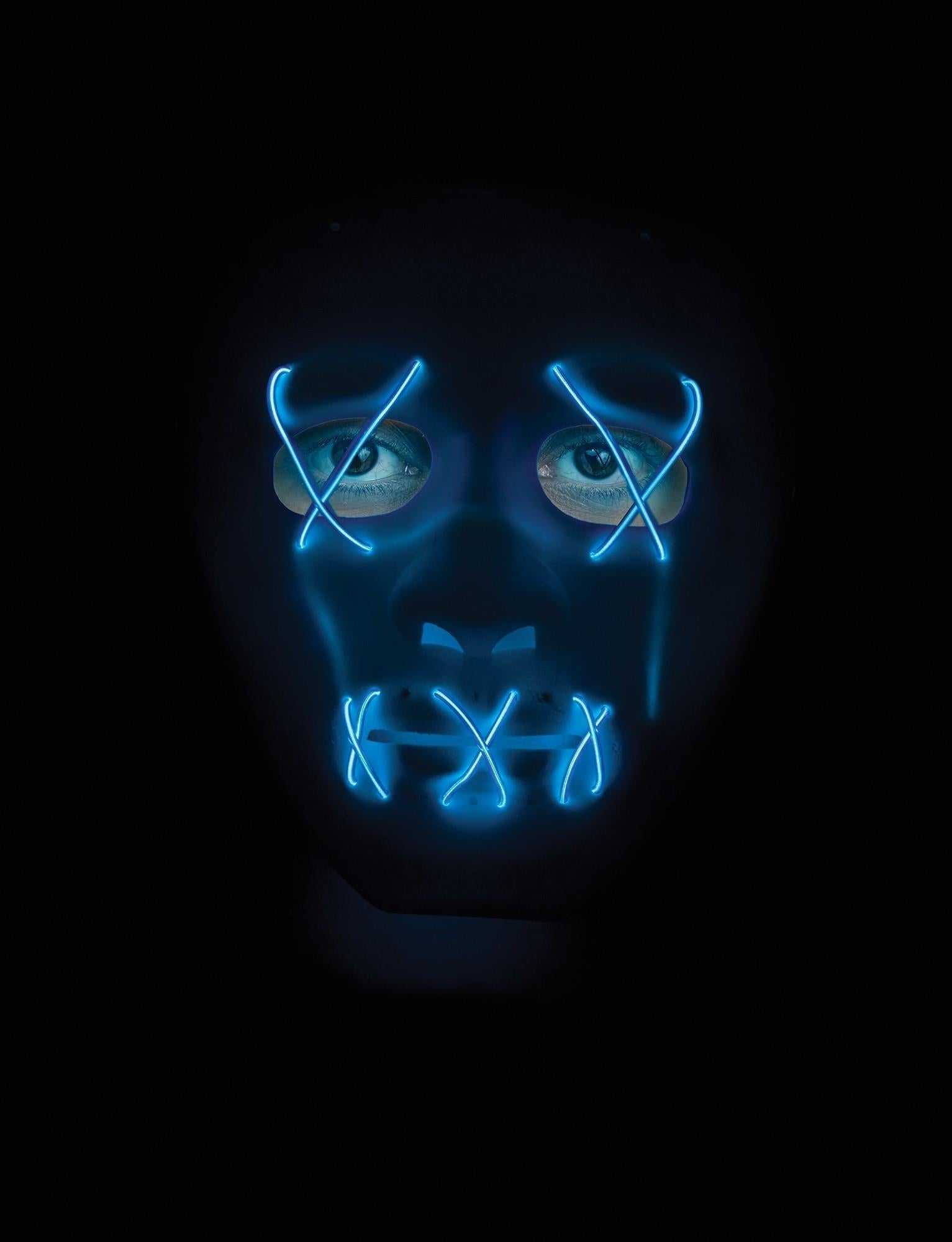 Scary Glowing Light up Purge Mask White Face with Glowing Blue Wire by HalloweenStore.com
