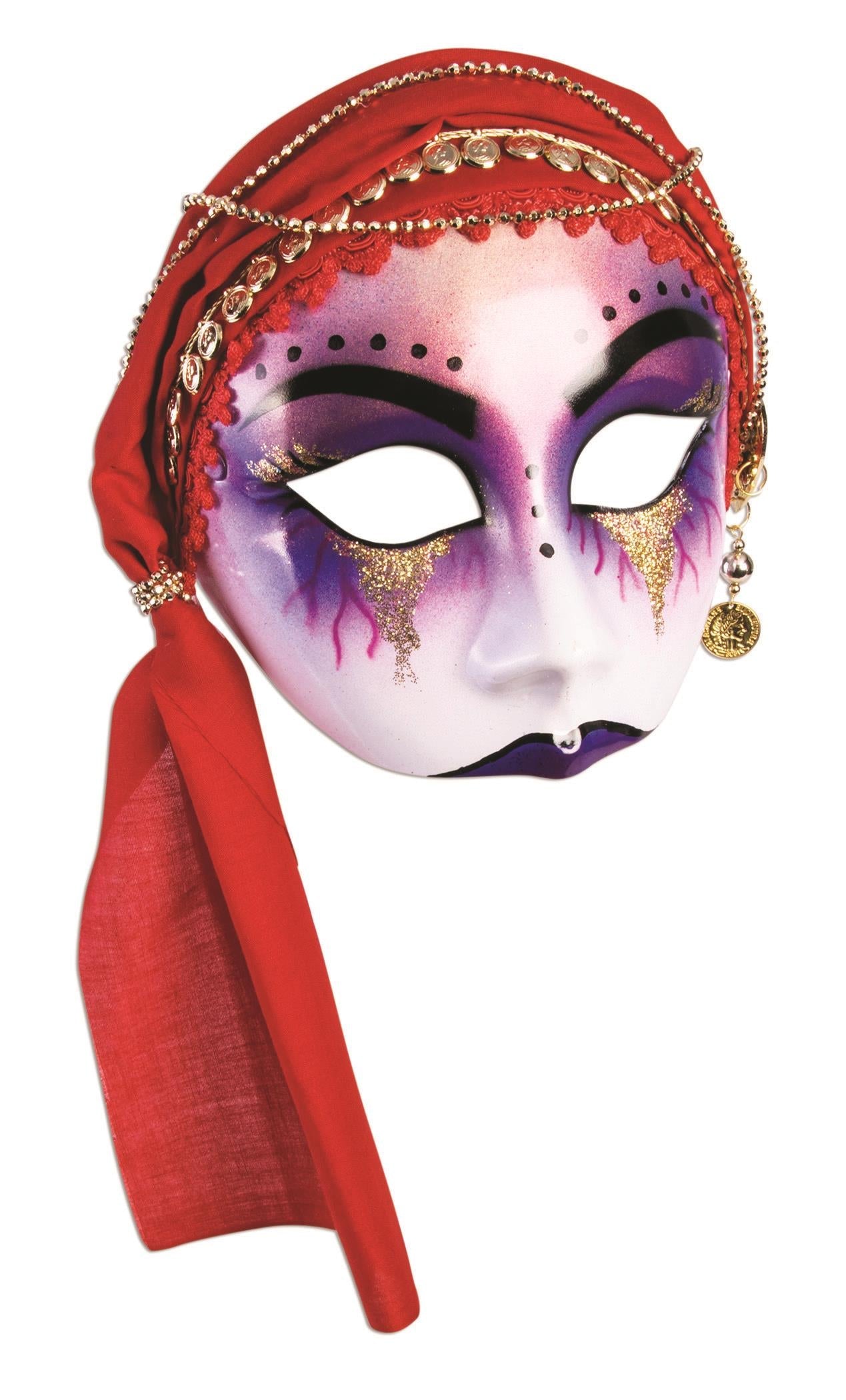 Gypsy Mystic Fortune Teller Half Mask with Red Scarf Adult Venetian Mask by HalloweenStore.com