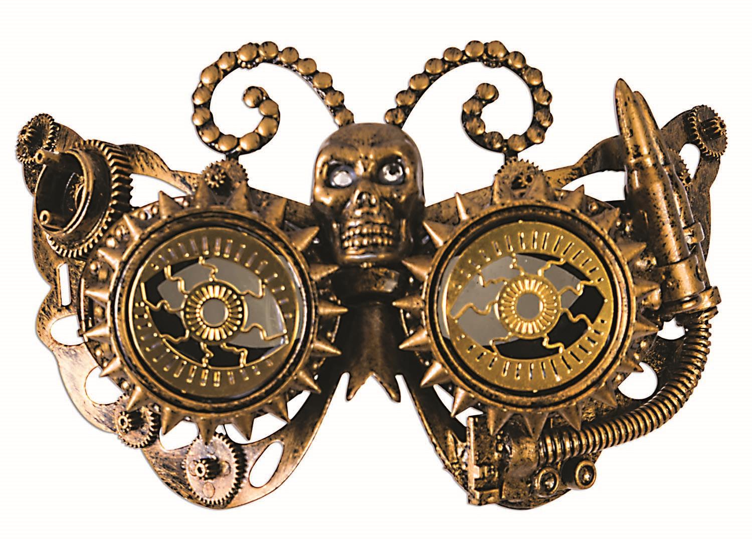 Gold Steampunk Eye Mask With Gears and Horned Skull by HalloweenStore.com
