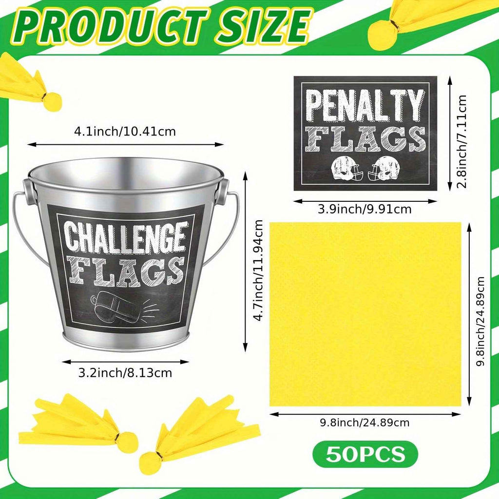 Set of 50 Yellow Napkins, a Silver Bucket, Penalty Flag Stickers, Perfect for Decorating a Football Tailgate Party