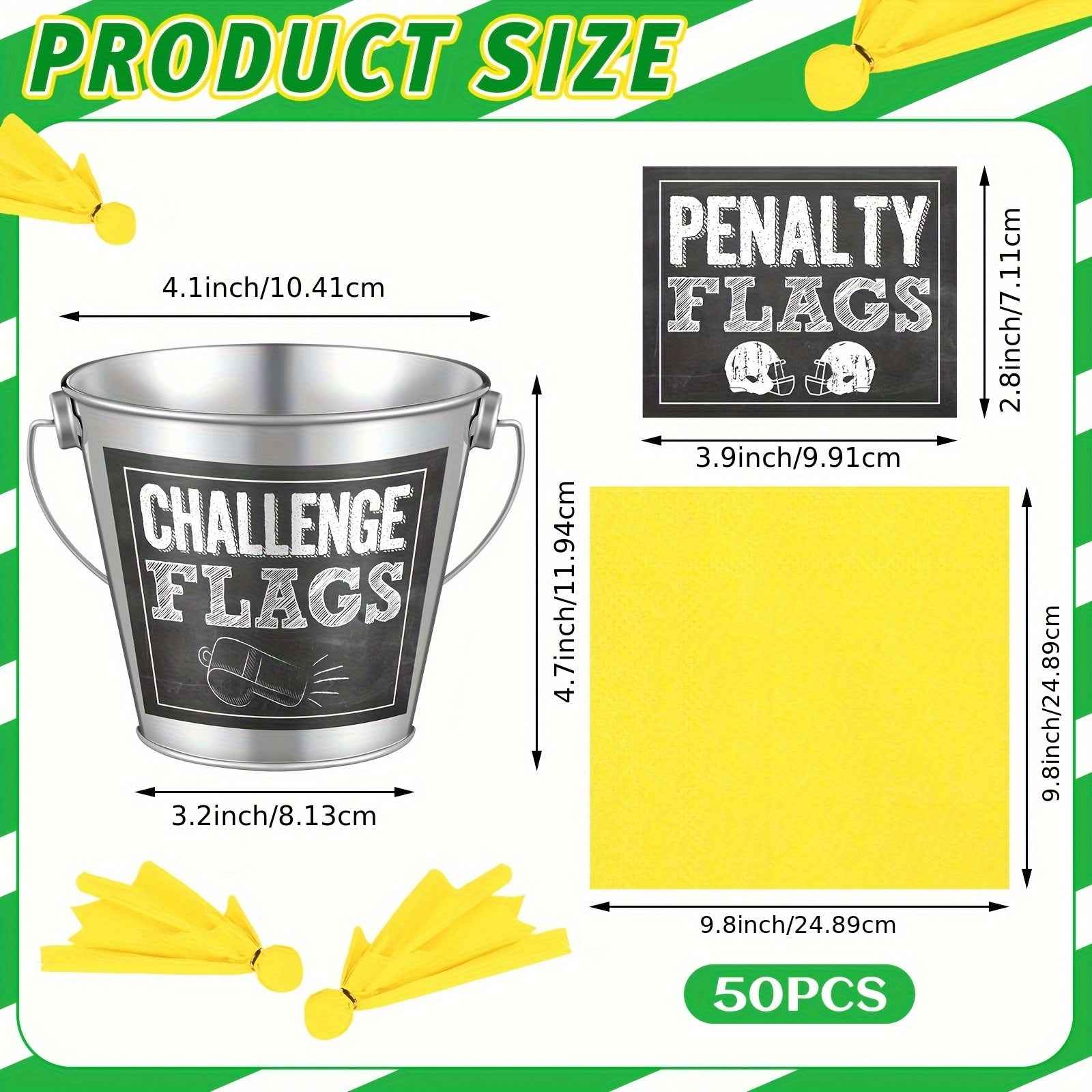 Set of 50 Yellow Napkins, a Silver Bucket, Penalty Flag Stickers, Perfect for Decorating a Football Tailgate Party