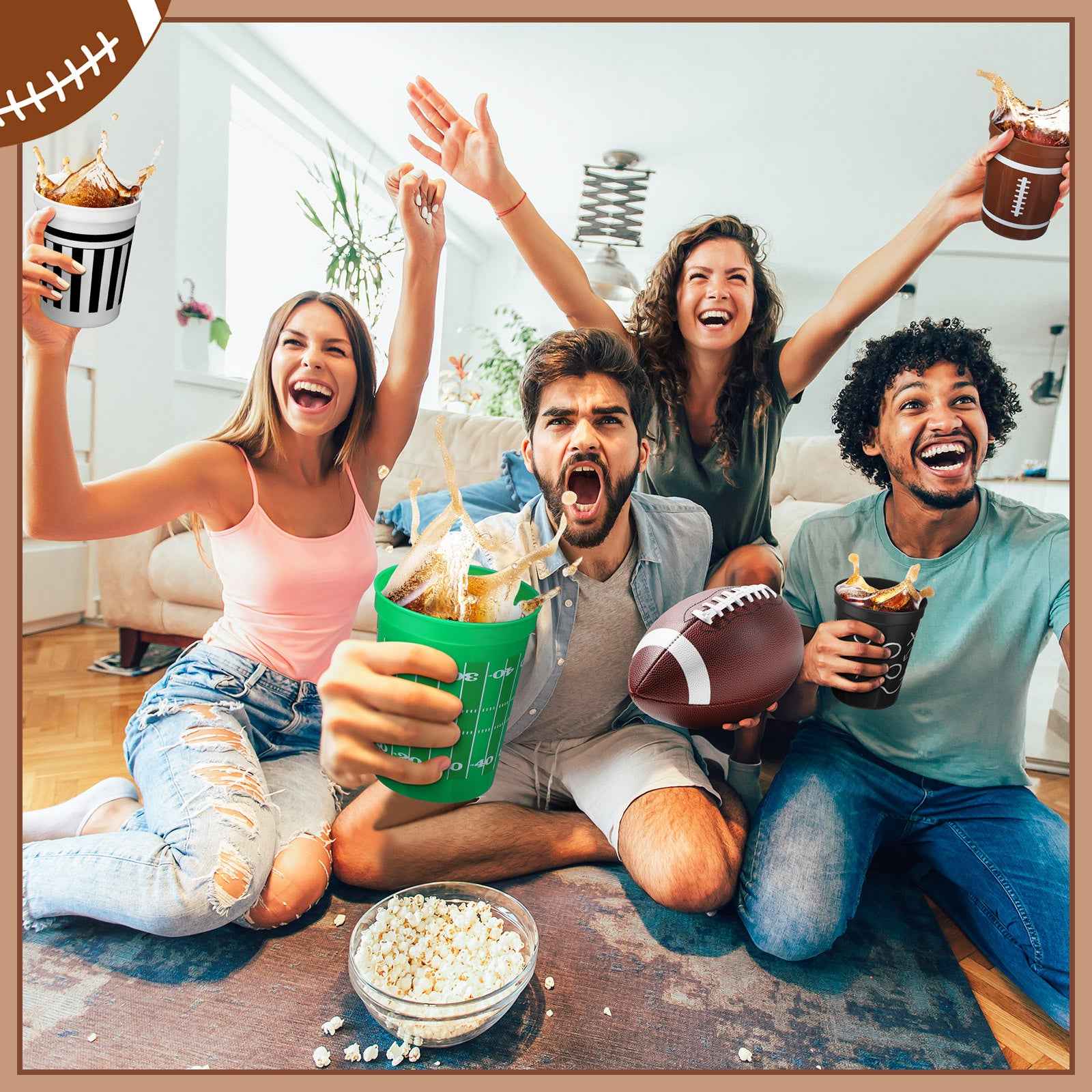 Set of 24 Football-Themed Plastic Cups, Each Holding 16 Ounces. These Reusable Cups Come in Four Different Designs And Are Perfect for Various Beverages Like, Beer, And Snacks, Making Them Ideal for Rugby Parties
