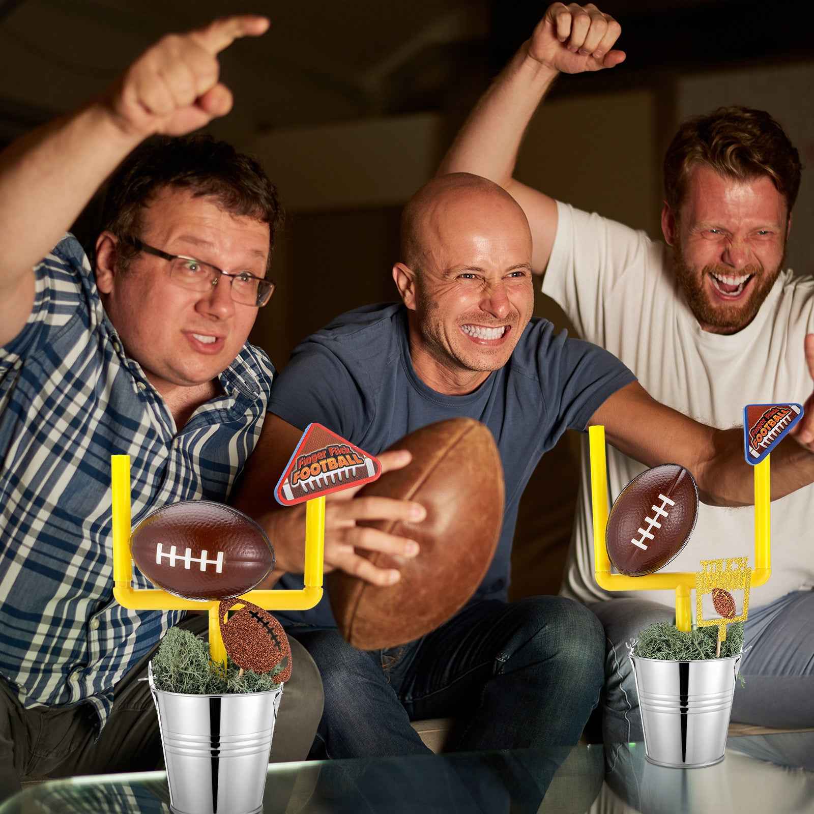 6 Set Football Party Table Decorations Kit | Includes 6 Buckets, 6 Mini Footballs, 12 Goal Posts, 12 Touch Down Flags | Centerpiece For Birthday, Sports Themed Party, Desk Supplies, Rugby Favors