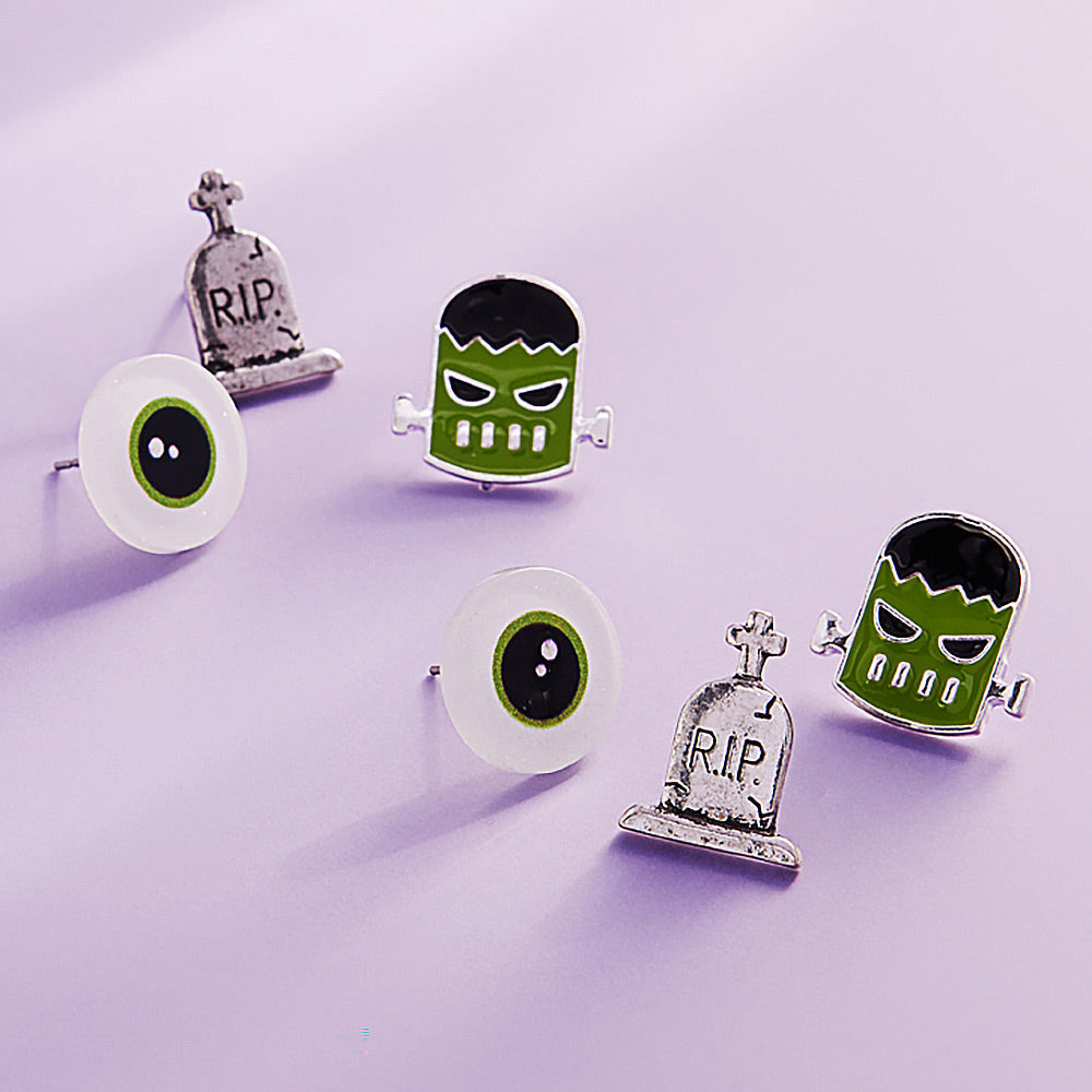 3Pairs - Enamel Halloween Frankenstein Monster Eye Tomb Stud Earring Set by Madeline Love