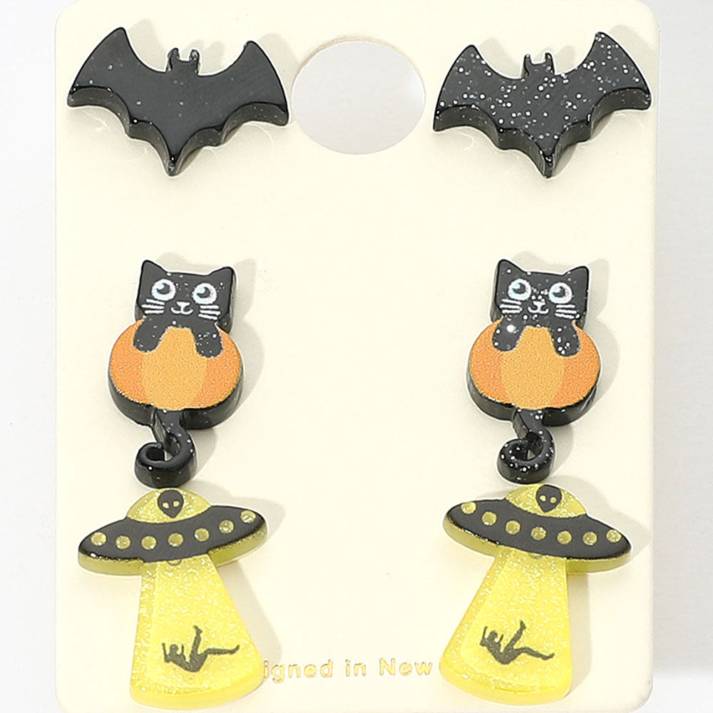 3Pairs - Halloween Themed Bat Black Cat UFO Stud Earring Set by Madeline Love