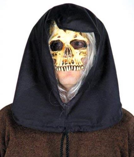 Grim Reaper Skeleton Skull Black Hooded Half Mask with Attached Gray Hair by HalloweenStore.com