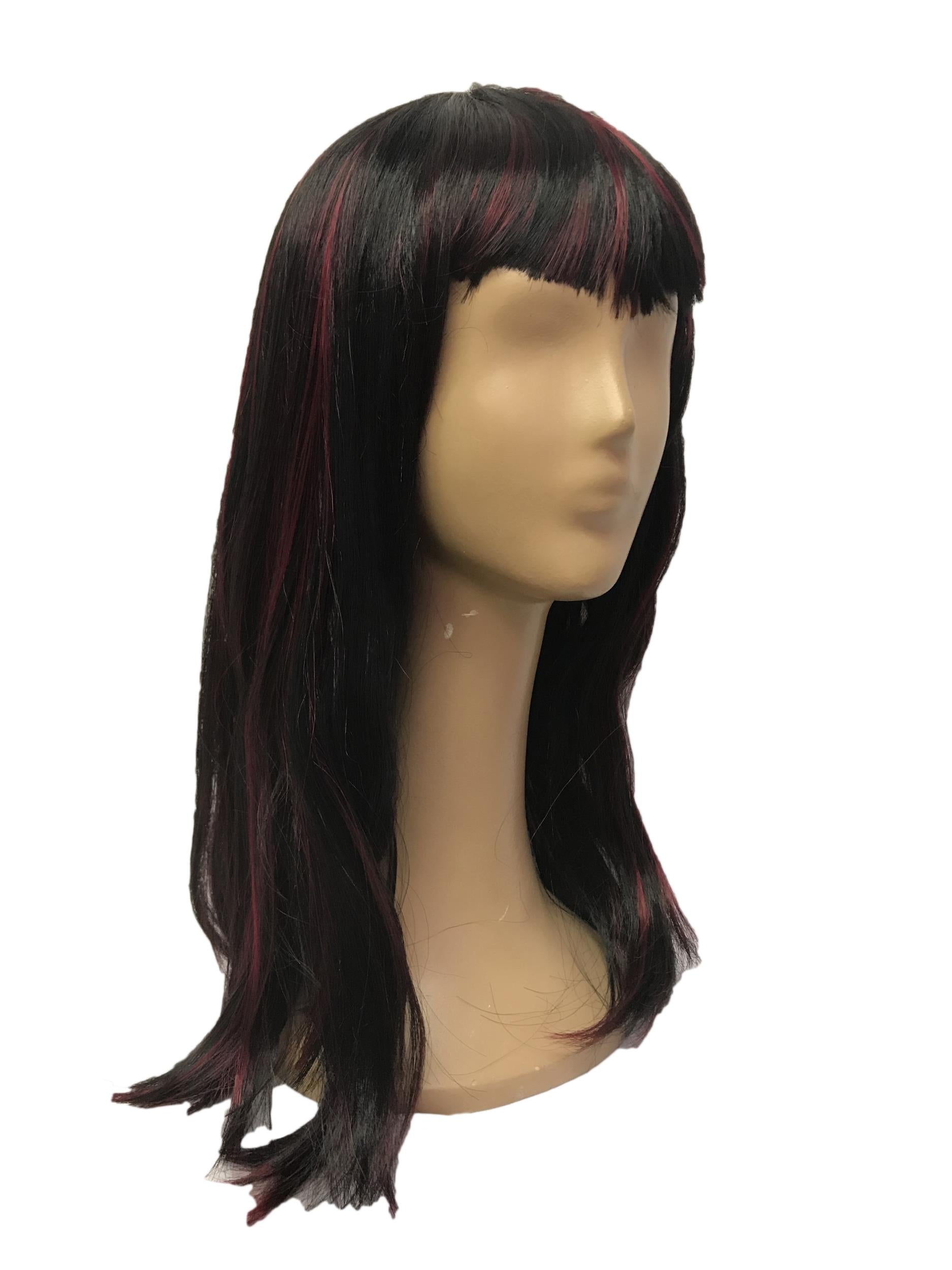 Black and Burgundy Hot Streak Sexy Vampire Dominatrix Long Sleek Wig with Bangs by HalloweenStore.com