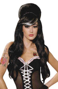 Betty Blues Long Black Wavy Wig with Streaked Bangs and Bouffant Partial Updo by HalloweenStore.com