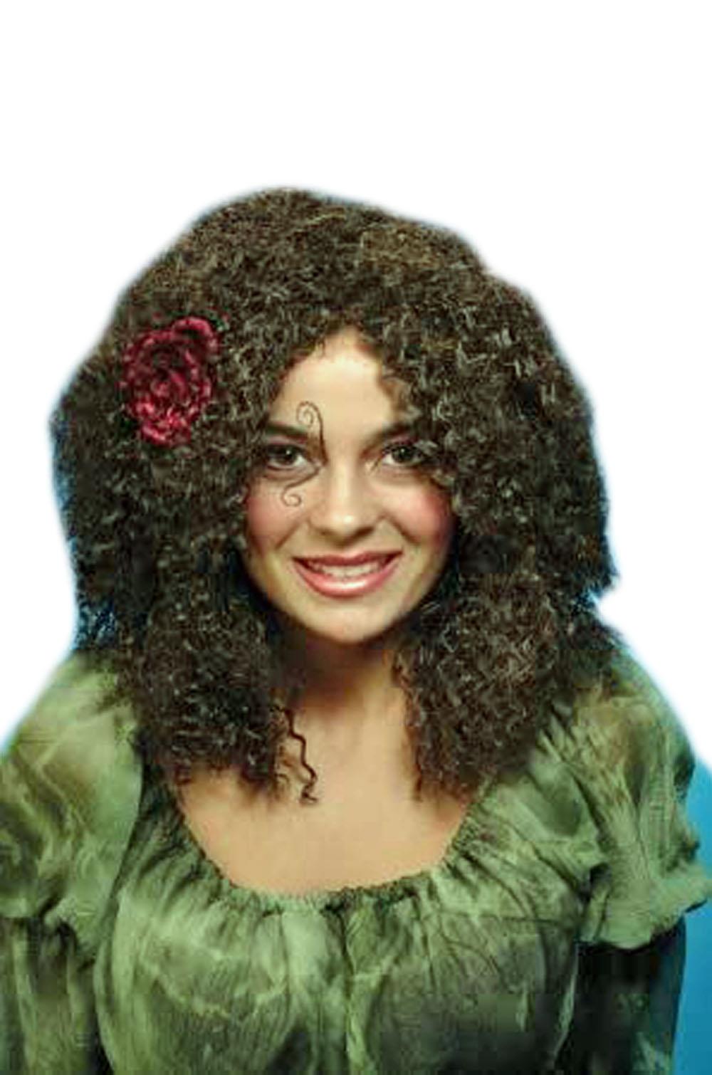 Gypsy Brown Shoulder Length Curly Wig with Red Flower by HalloweenStore.com